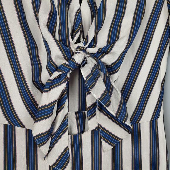 SANDRO Paris VILNA DRESS Striped Beige Collared Long Sleeve Midi Maxi Tie Knot - Picture 7 of 13